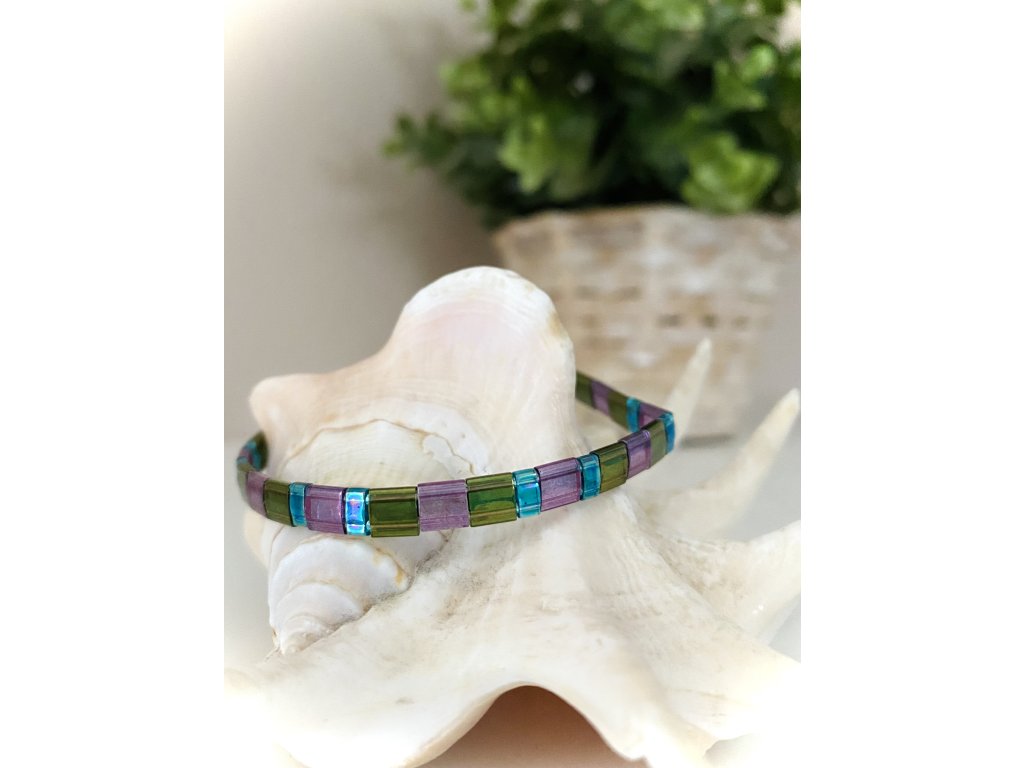 náramek Miyuki Tila transparent pink blue golden