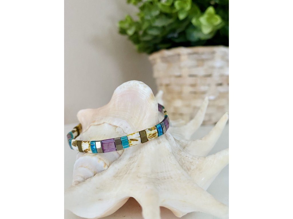 náramek Miyuki Tila purple Blue White silver