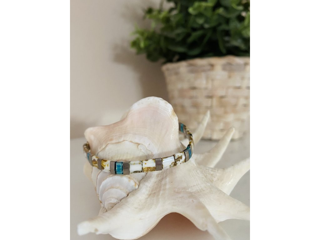 náramek Miyuki Tila Blue silver marble