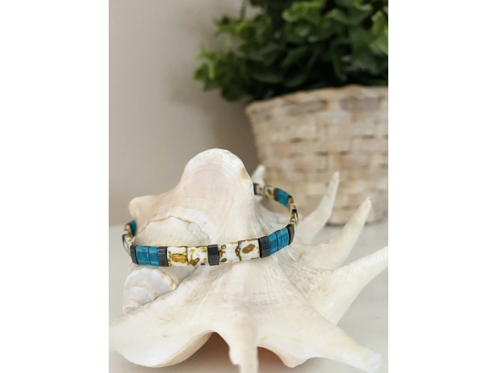 náramek Miyuki Tila silver marble white blue