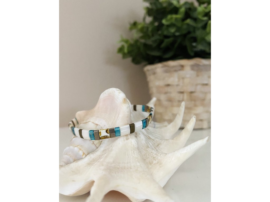 náramek Miyuki Tila marble white silver blue
