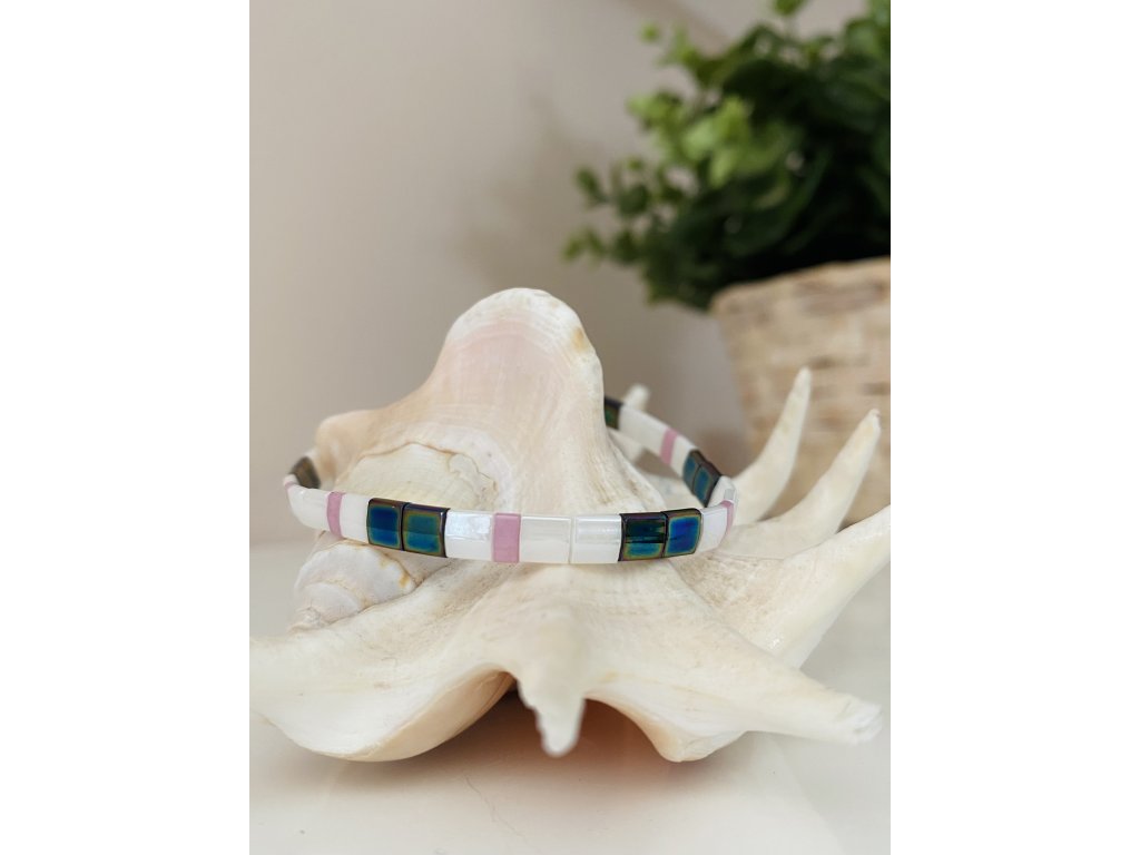 náramek Miyuki Tila white pink green